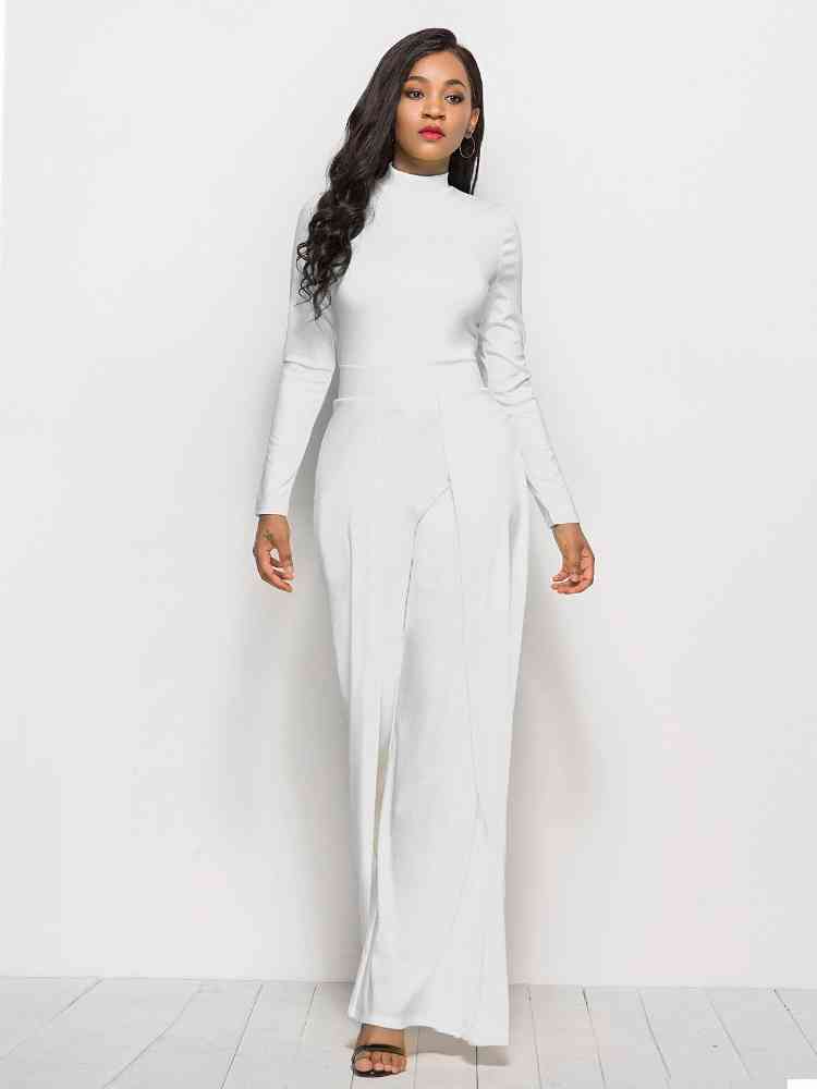 Long Sleeve Mock Neck Wide Leg Jumpsuit - TRENDMELO