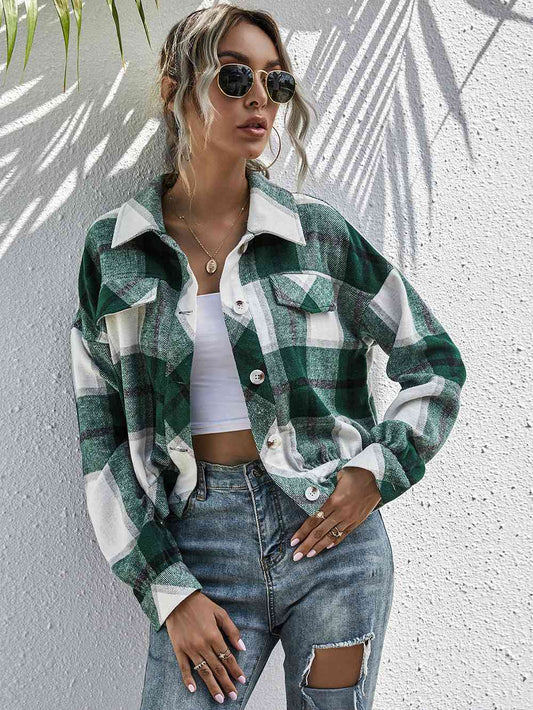 Plaid Dropped Shoulder Shirt Jacket - TRENDMELO