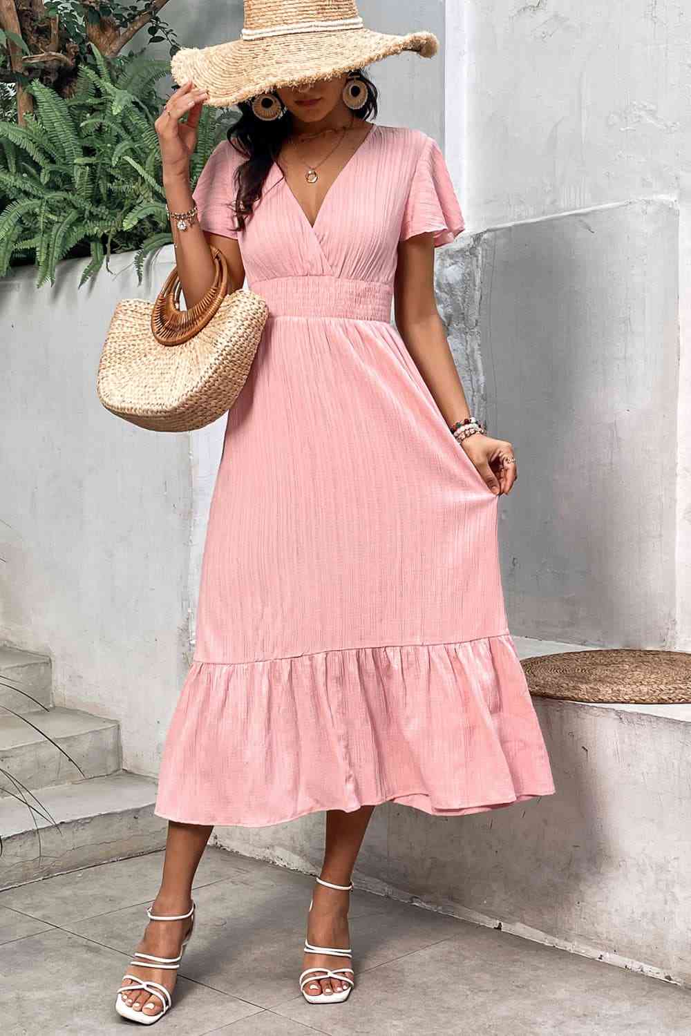 Surplice Neck Smocked Waist Flutter Sleeve Dress - TRENDMELO