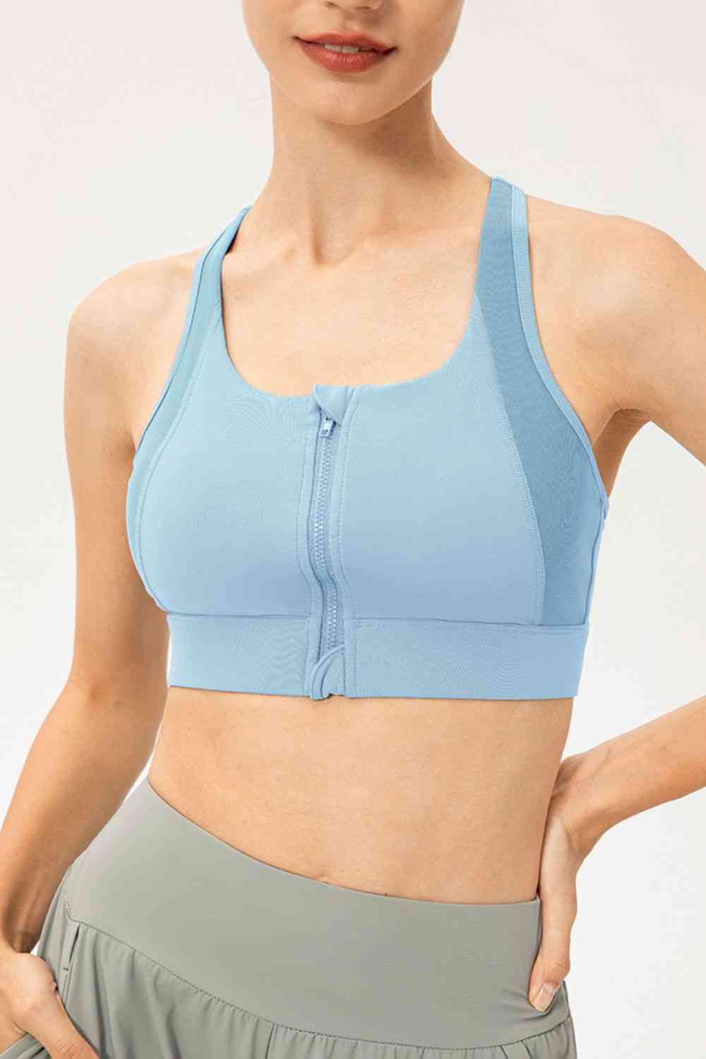 Zip-Up Round Neck Sports Bra - TRENDMELO