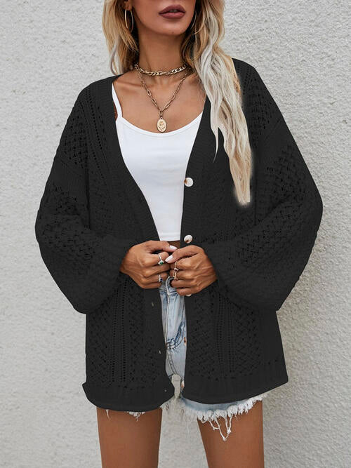 Openwork Button Front Cardigan - TRENDMELO