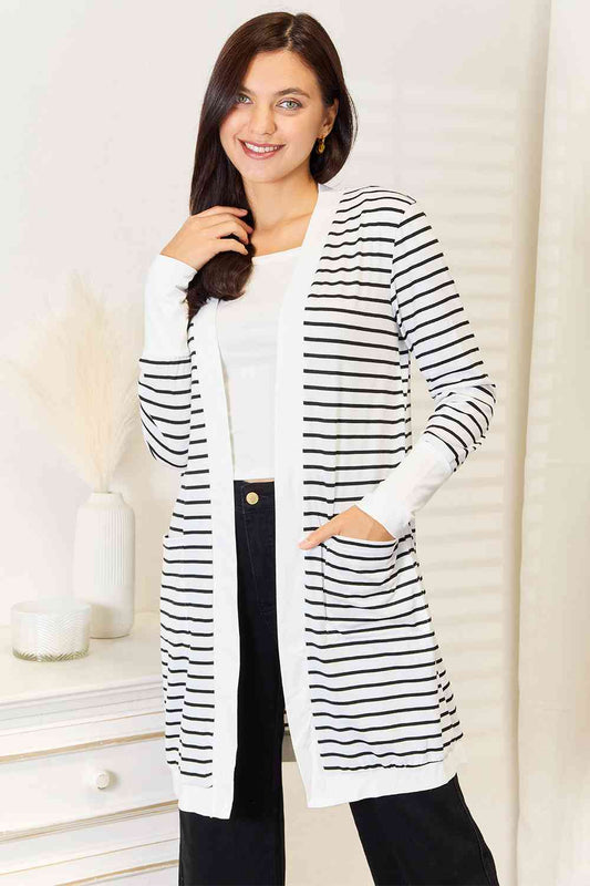 Double Take Striped Open Front Longline Cardigan - TRENDMELO