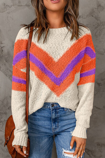 Contrast Round Neck Dropped Shoulder Sweater - TRENDMELO