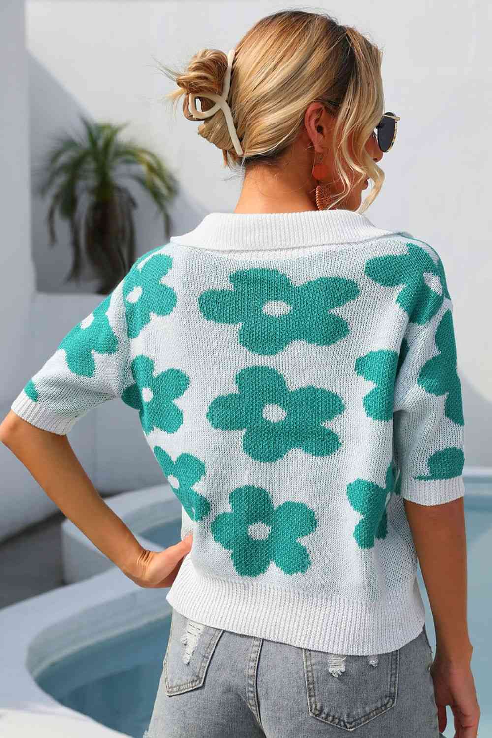 Floral Johnny Collar Half Sleeve Knit Top - TRENDMELO