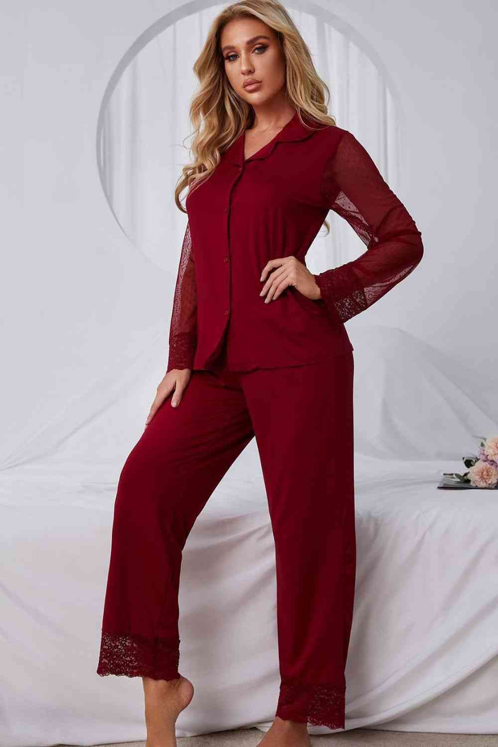 Spliced Lace Lapel Collar Pajama Set - TRENDMELO