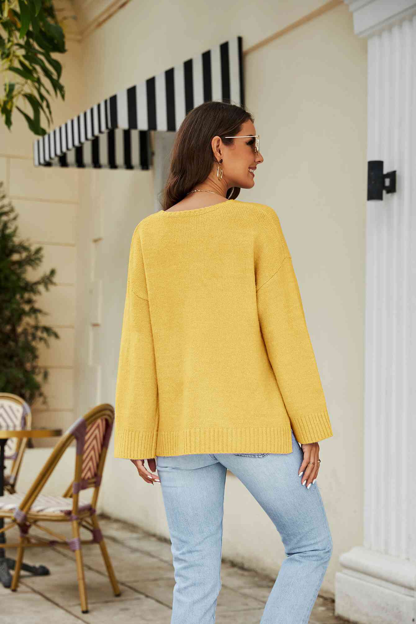 Drop Shoulder V-Neck Knit Pullover - TRENDMELO