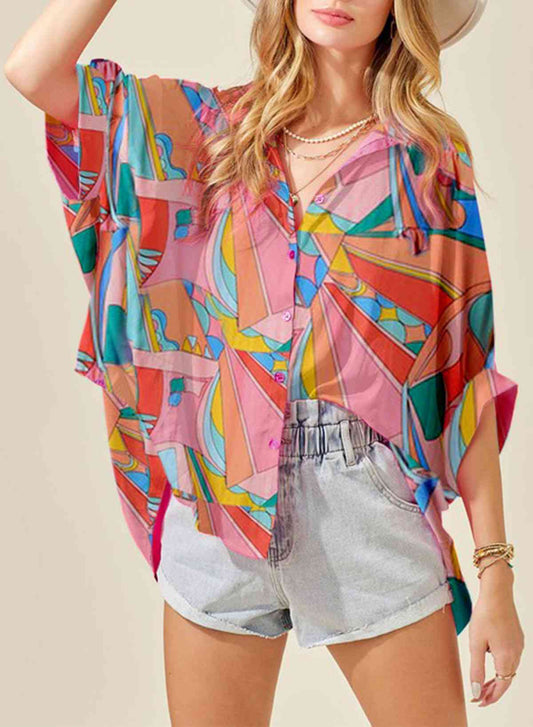 Printed Dolman Sleeve Collared Shirt - TRENDMELO