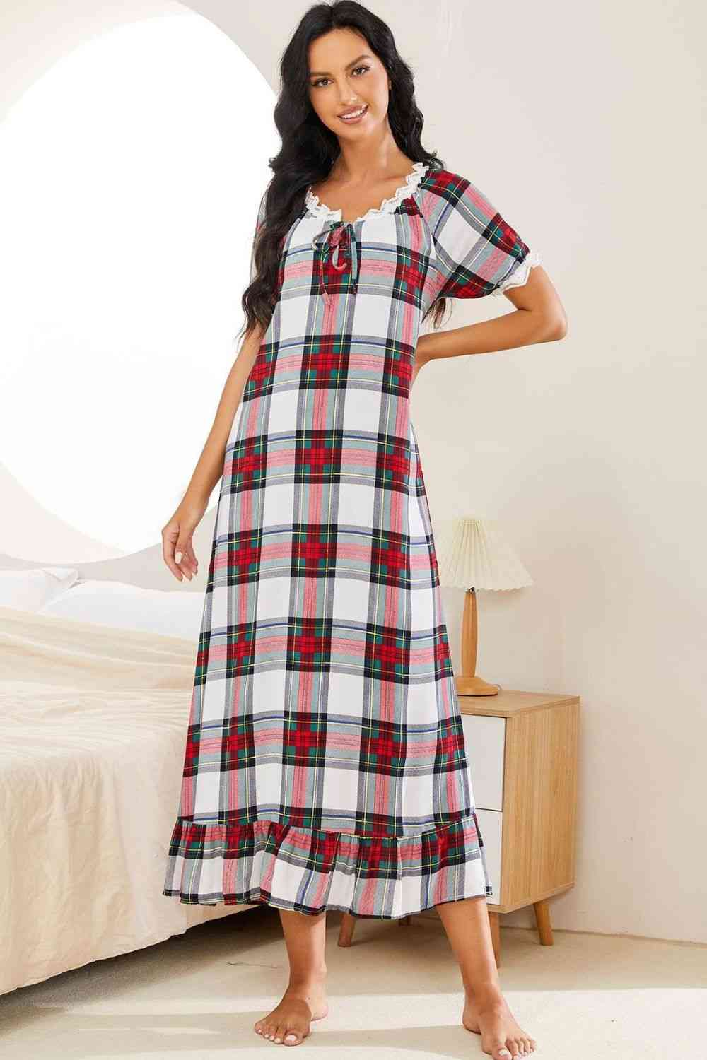 Plaid Lace Trim Ruffle Hem Night Dress - TRENDMELO