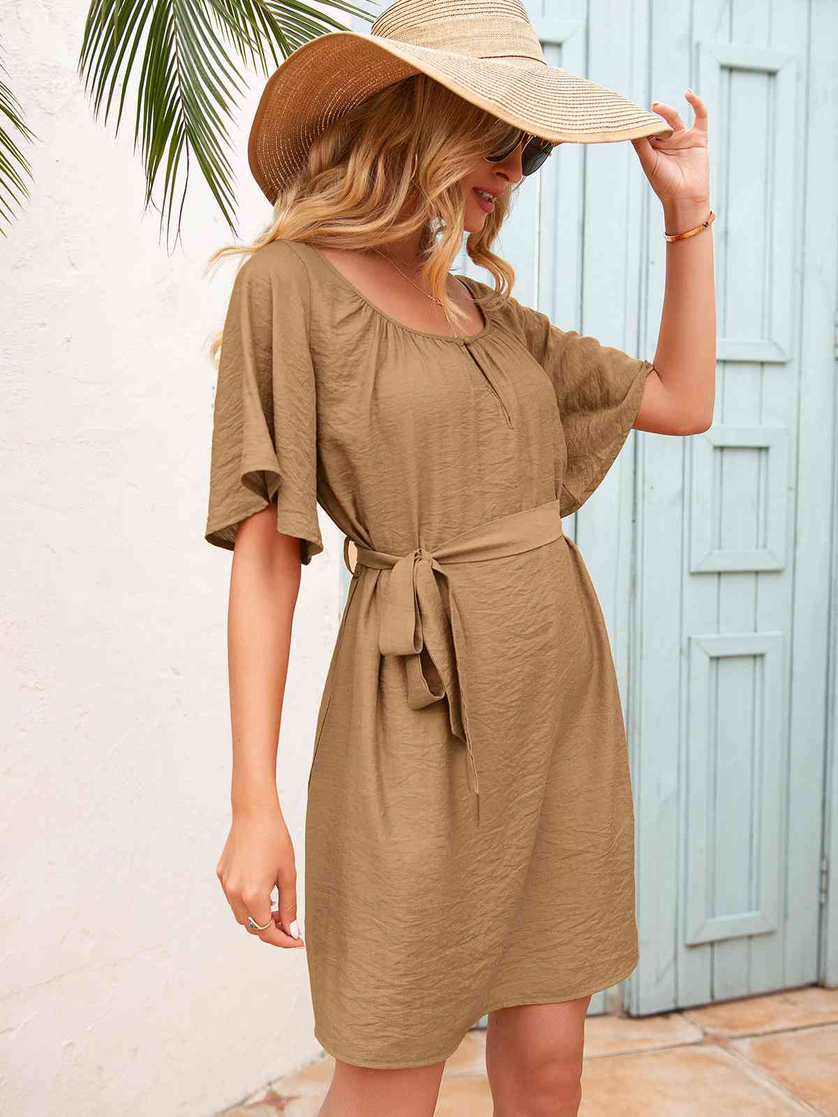 Tie Waist Flutter Sleeve Mini Dress - TRENDMELO