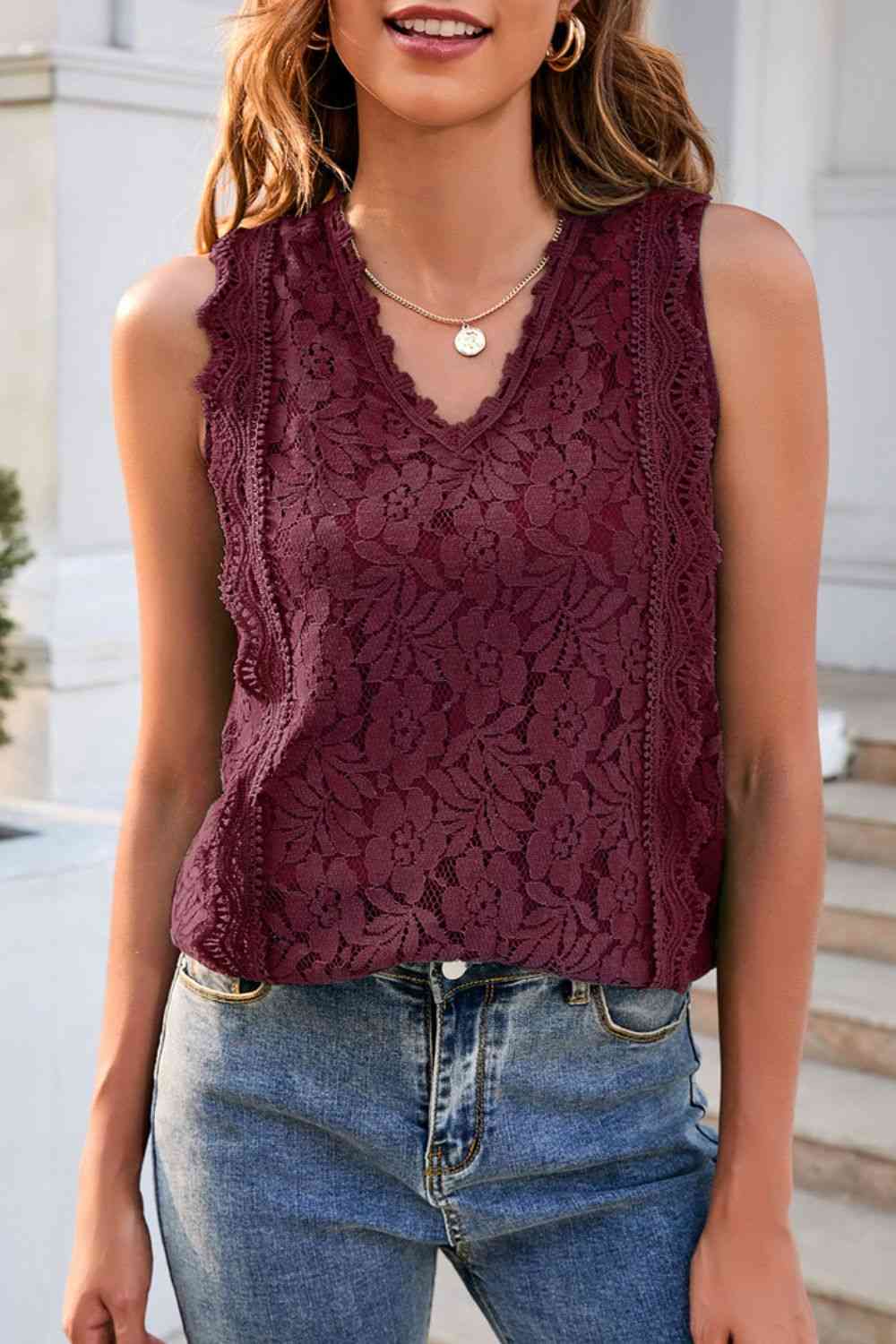 Lace V-Neck Tank - TRENDMELO