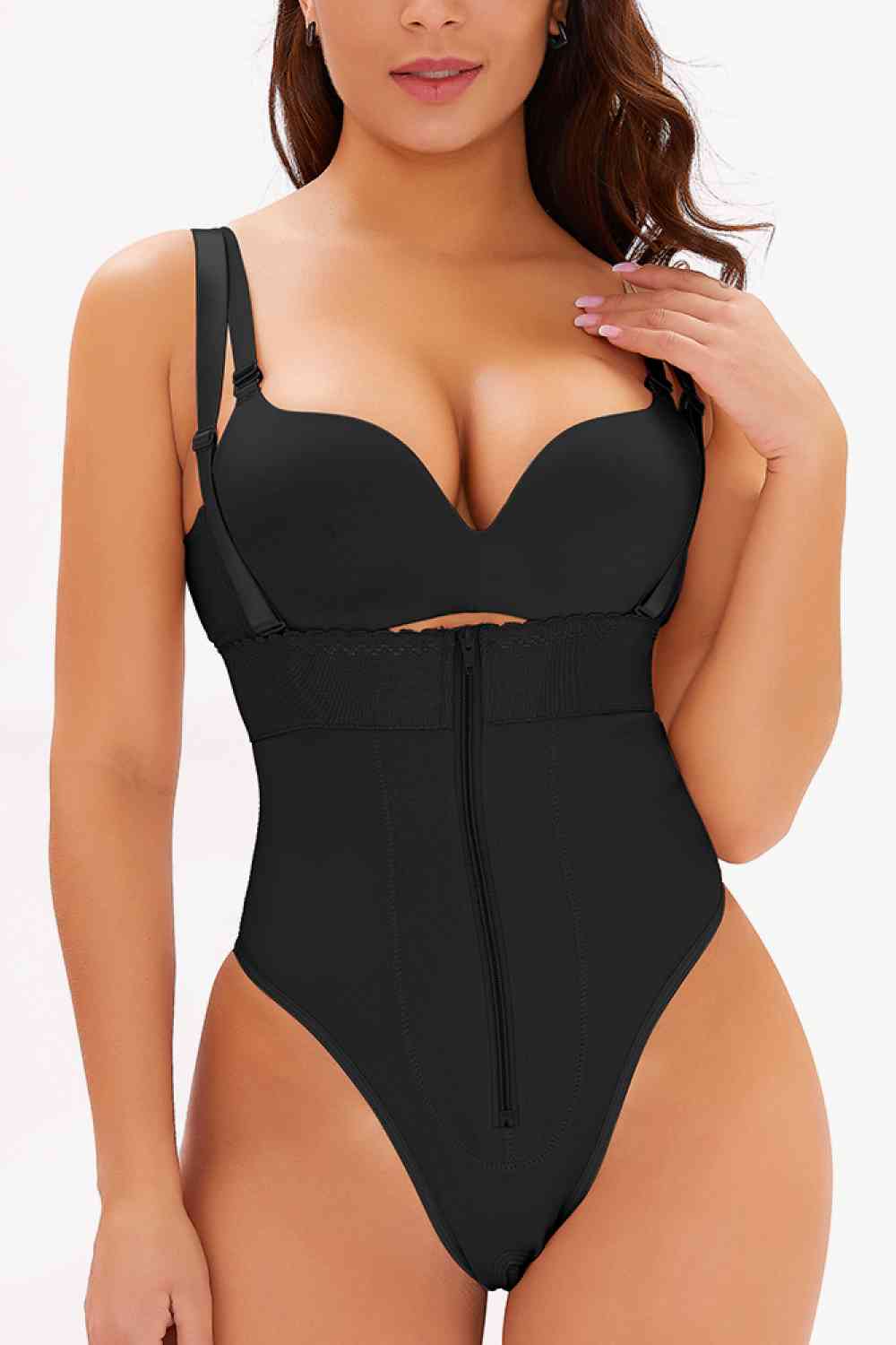 Full Size Adjustable Strap Zip-Up Shaping Bodysuit - TRENDMELO