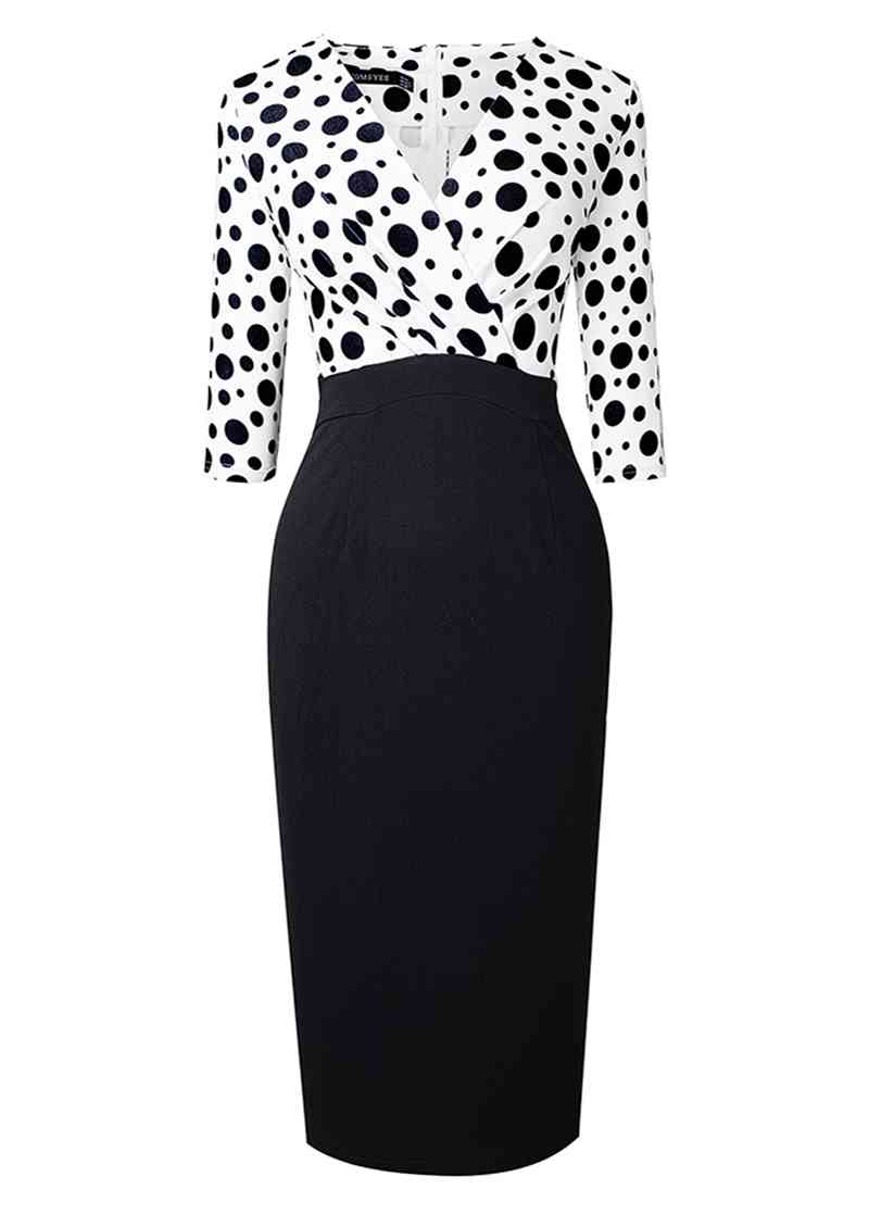 Surplice Neck Polka Dot Pencil Dress - TRENDMELO