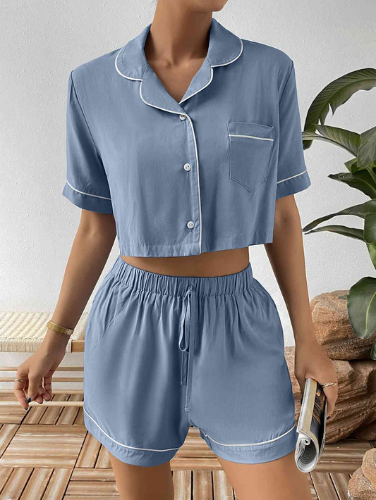 Contrast Lapel Collar Cropped Shirt and Shorts Lounge Set - TRENDMELO