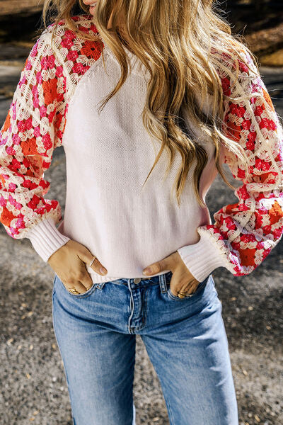 Flower Element Openwork Round Neck Sweater - TRENDMELO