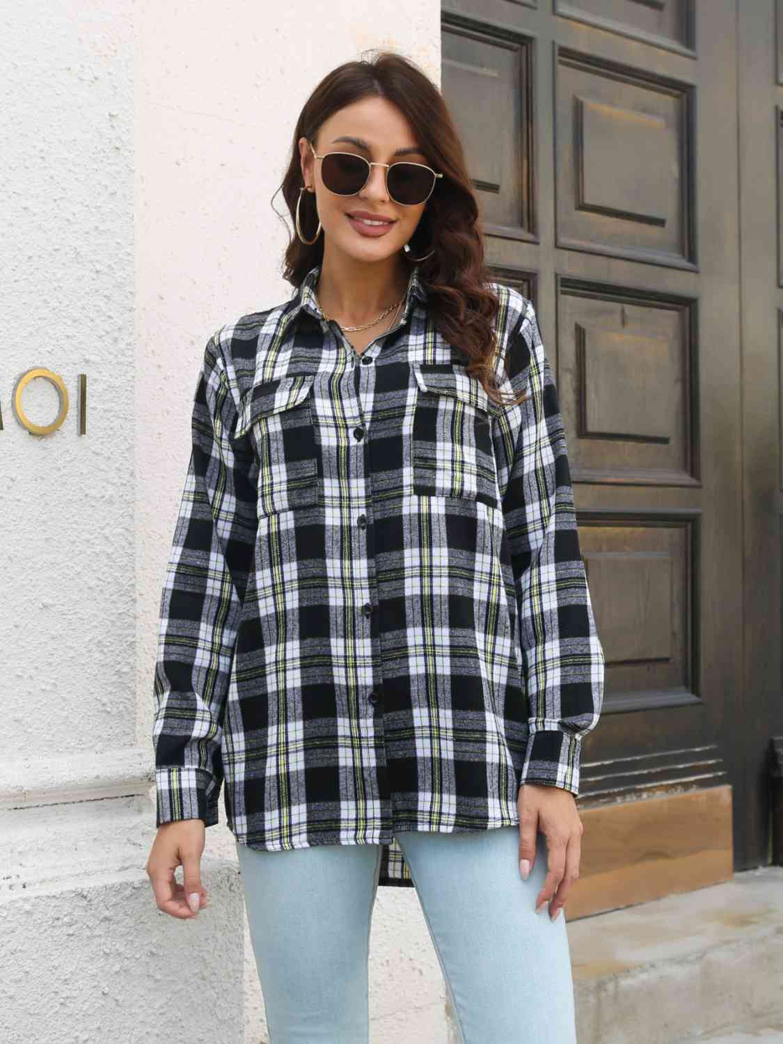 Plaid Collared Neck Buttoned Shirt with Pockets - TRENDMELO