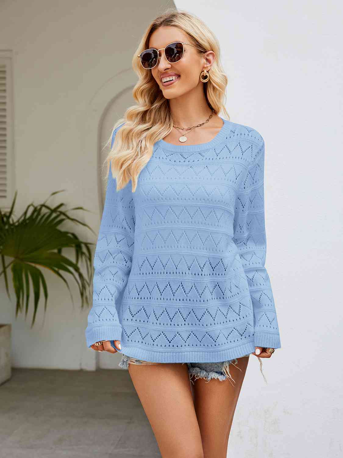 Round Neck Openwork Long Sleeve Knit Top - TRENDMELO