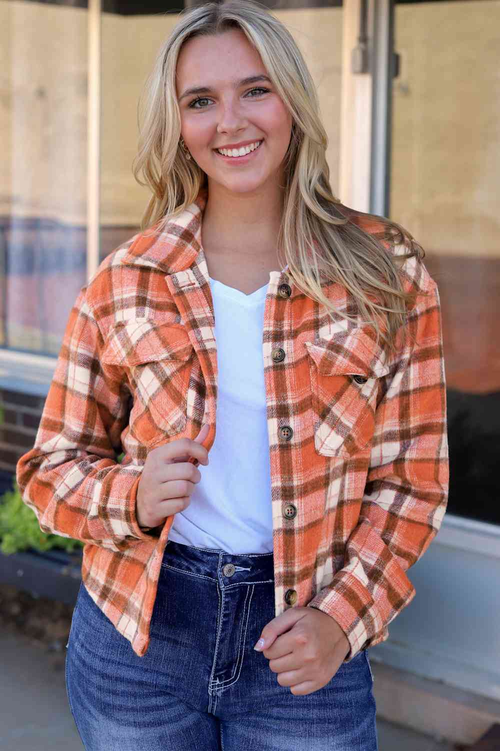 Plaid Collared Neck Button Down Jacket - TRENDMELO