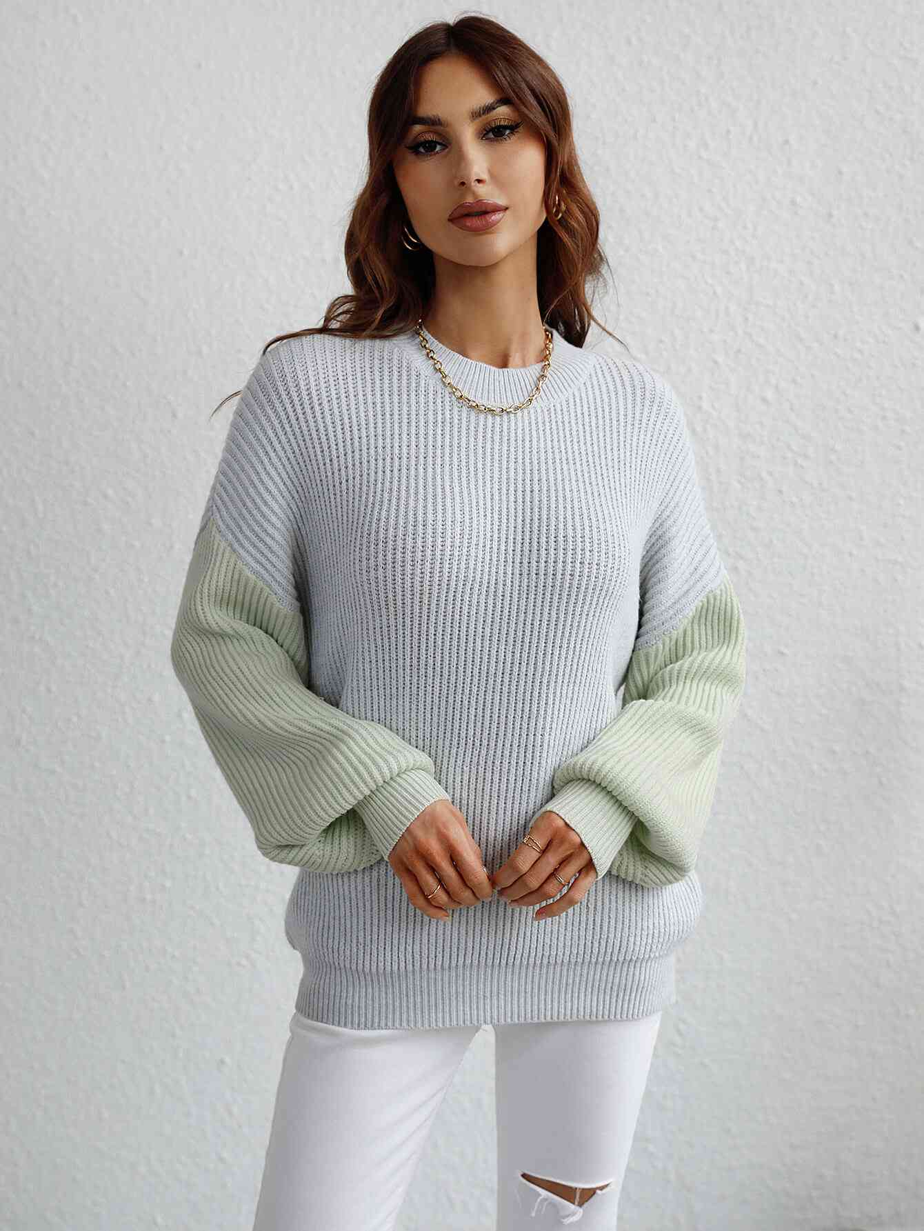 Two-Tone Rib-Knit Dropped Shoulder Sweater - TRENDMELO