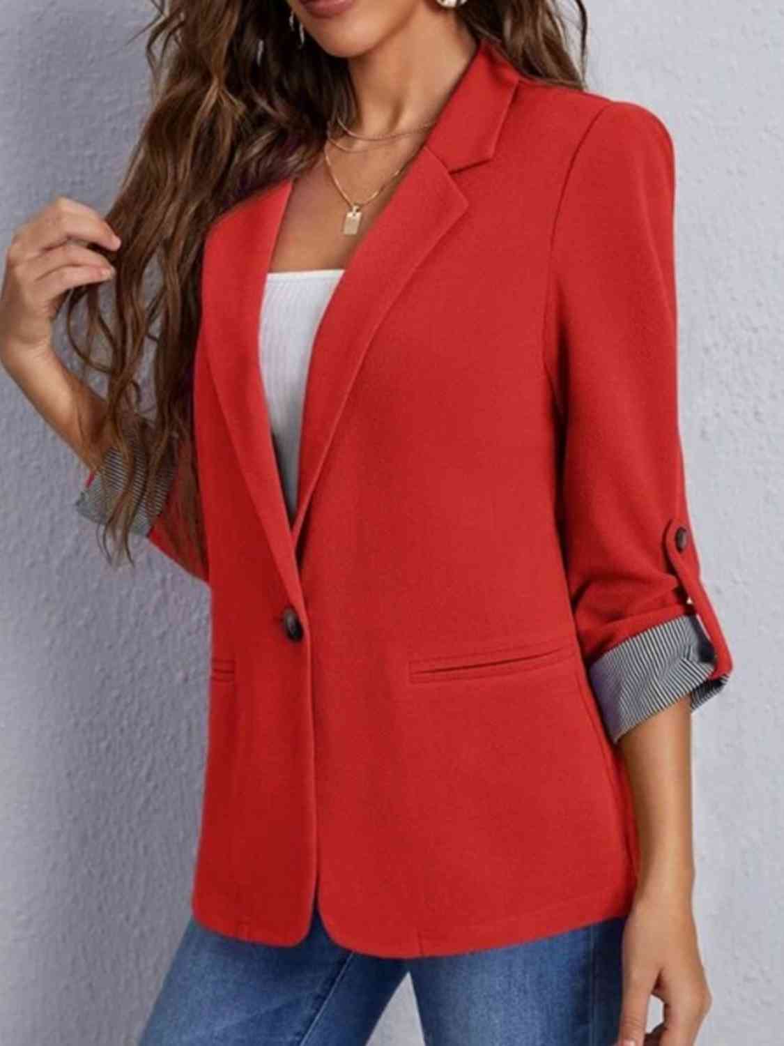 Lapel Collar Roll-Tab Sleeve Blazer - TRENDMELO