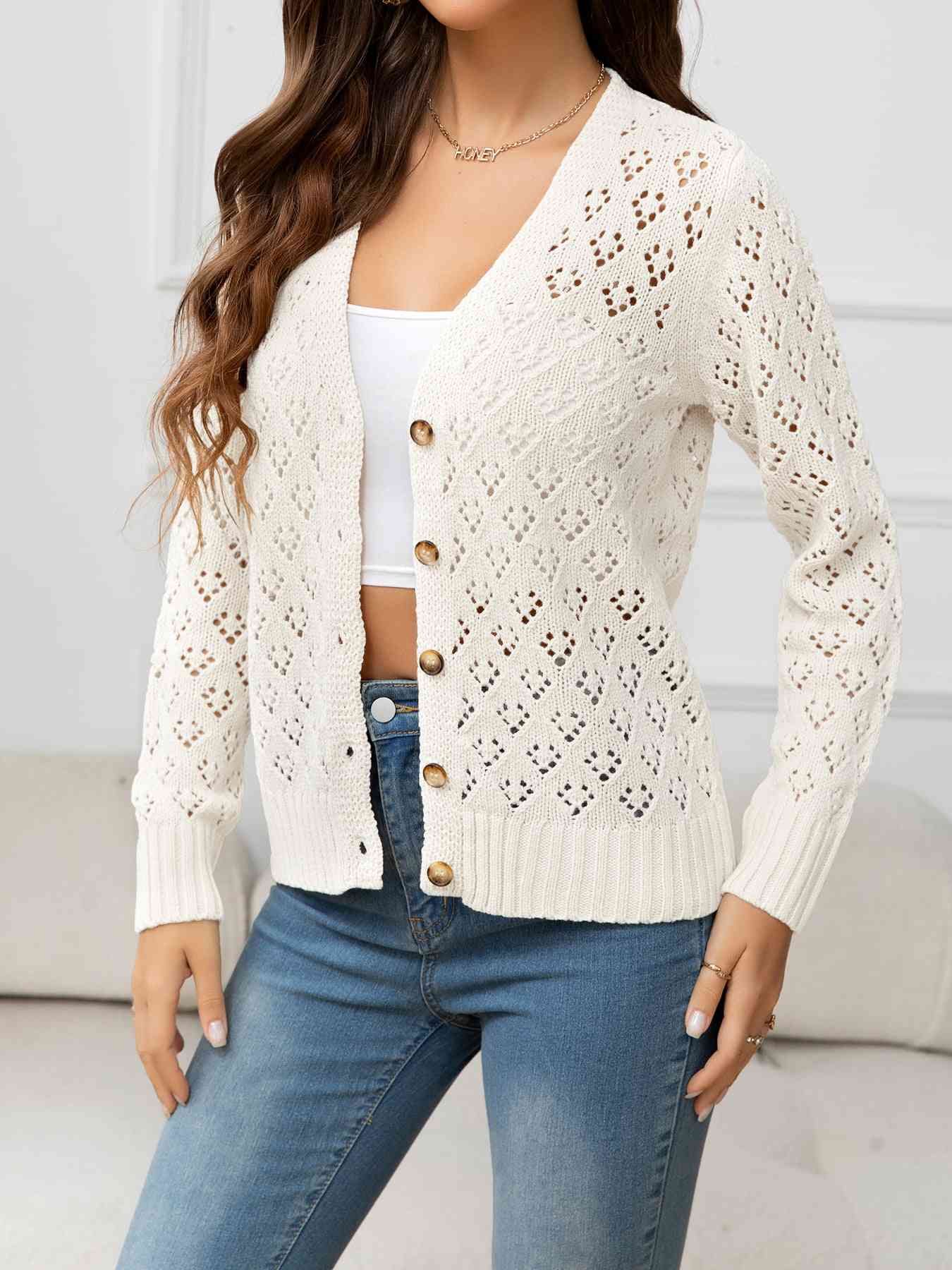 Openwork V-Neck Buttoned Knit Top - TRENDMELO