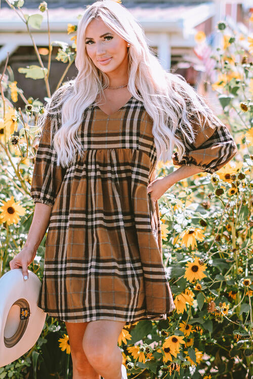 Plaid V-Neck Balloon Sleeve Dress - TRENDMELO