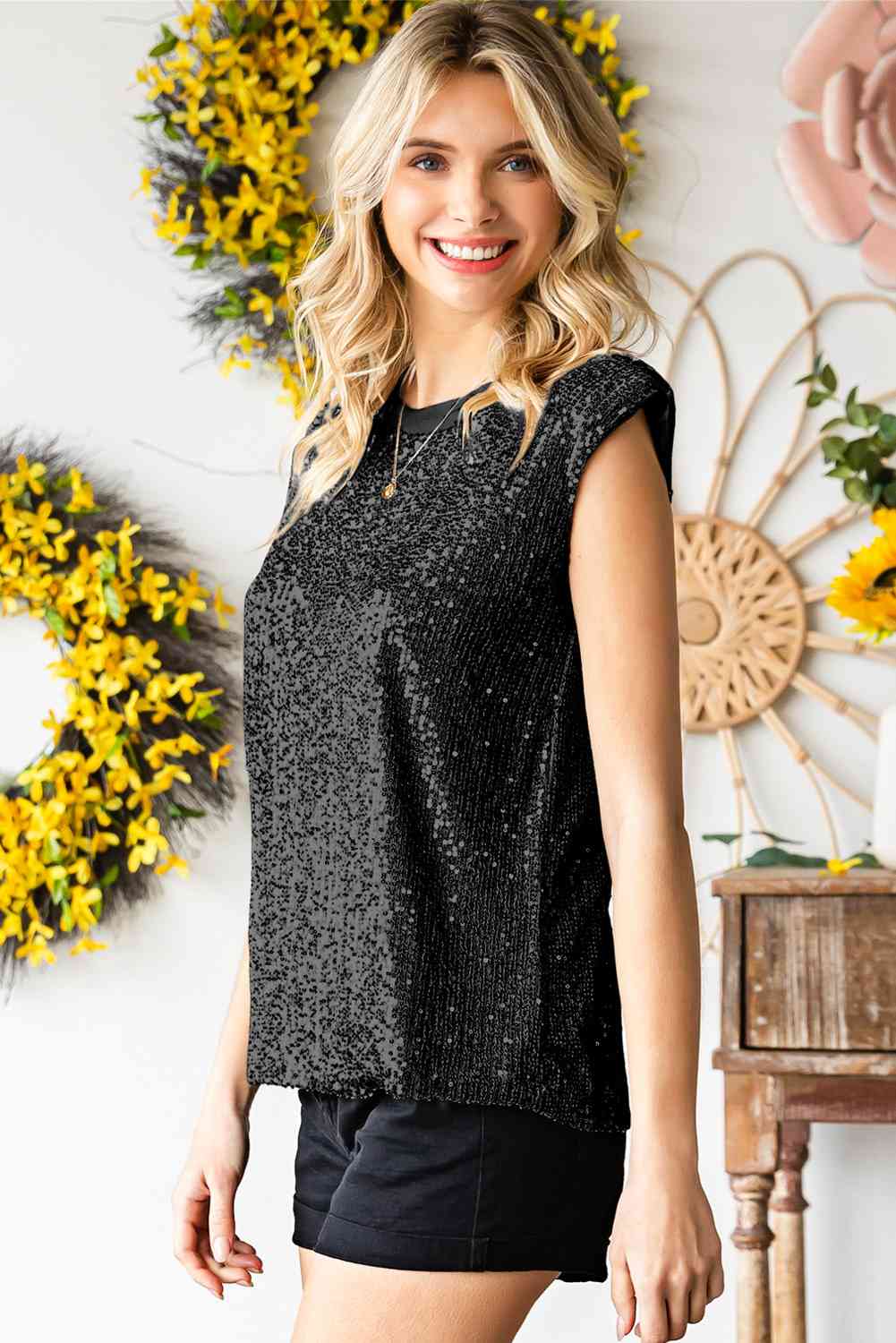 Sequin Round Neck Capped Sleeve Tank - TRENDMELO