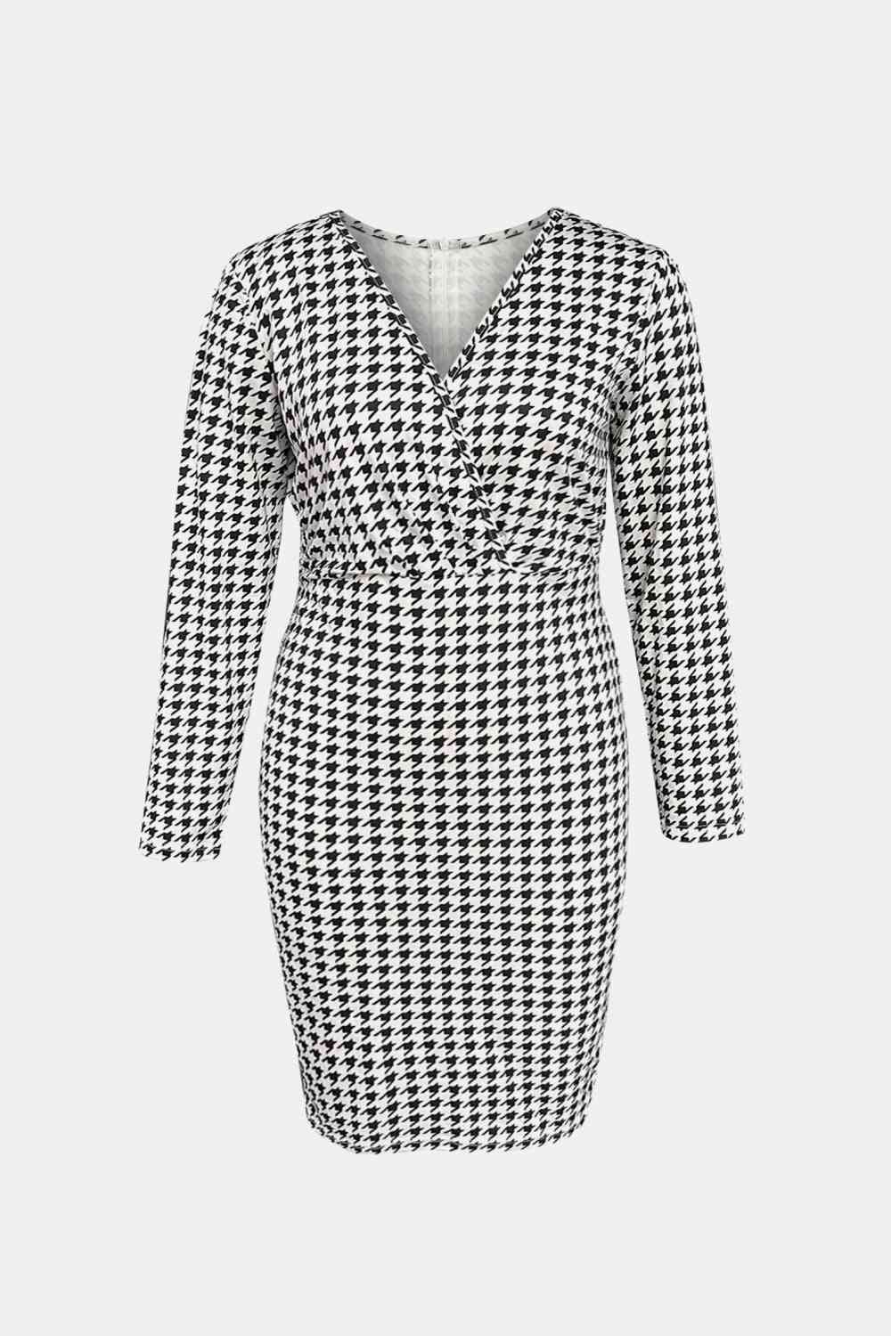 Plus Size Houndstooth Surplice Neck Long Sleeve Pencil Dress - TRENDMELO