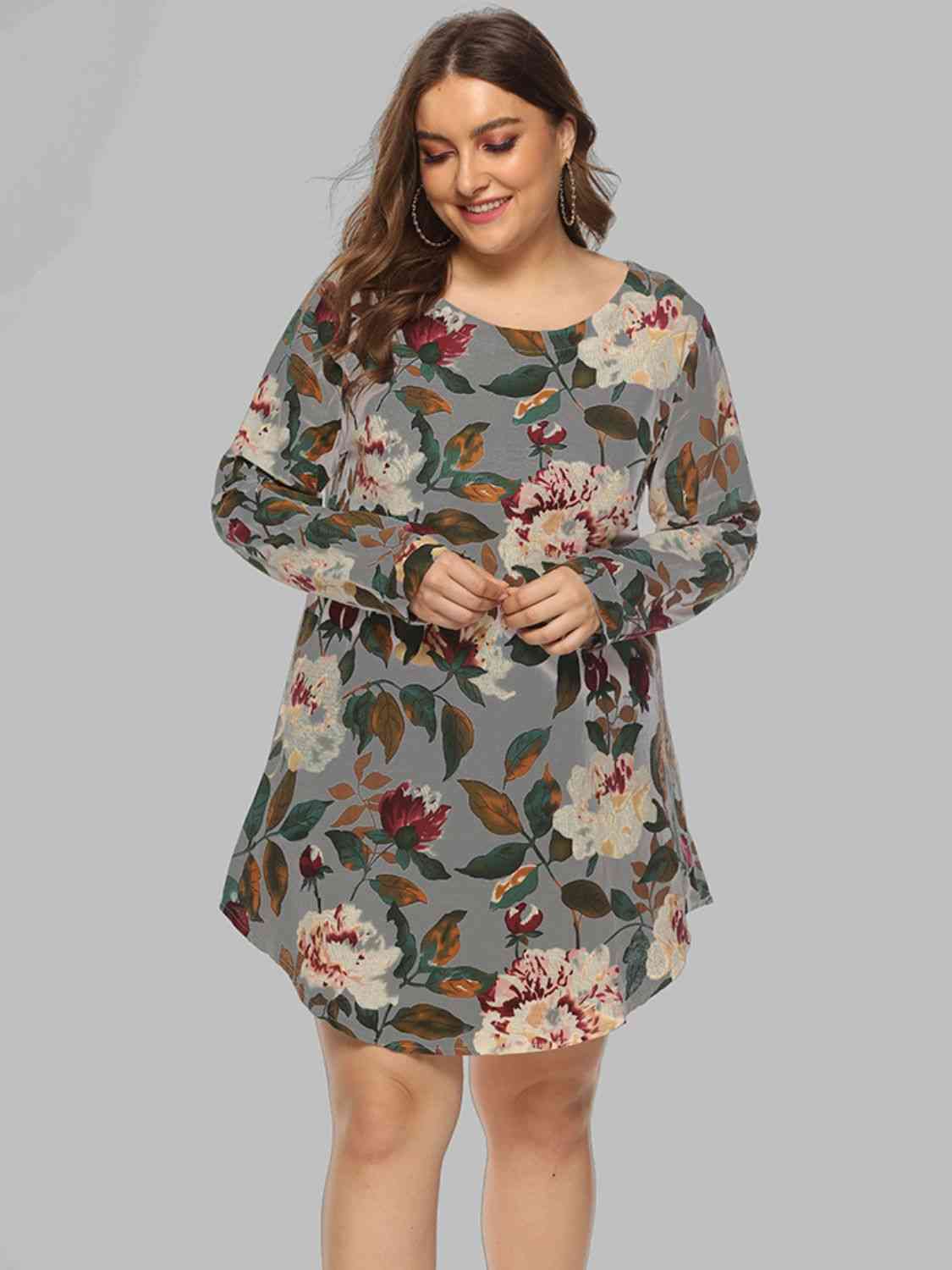 Full Size Floral Long Sleeve Mini Dress - TRENDMELO