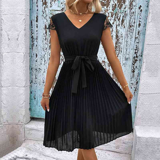 V-Neck Tie Belt Pleated Dress - TRENDMELO