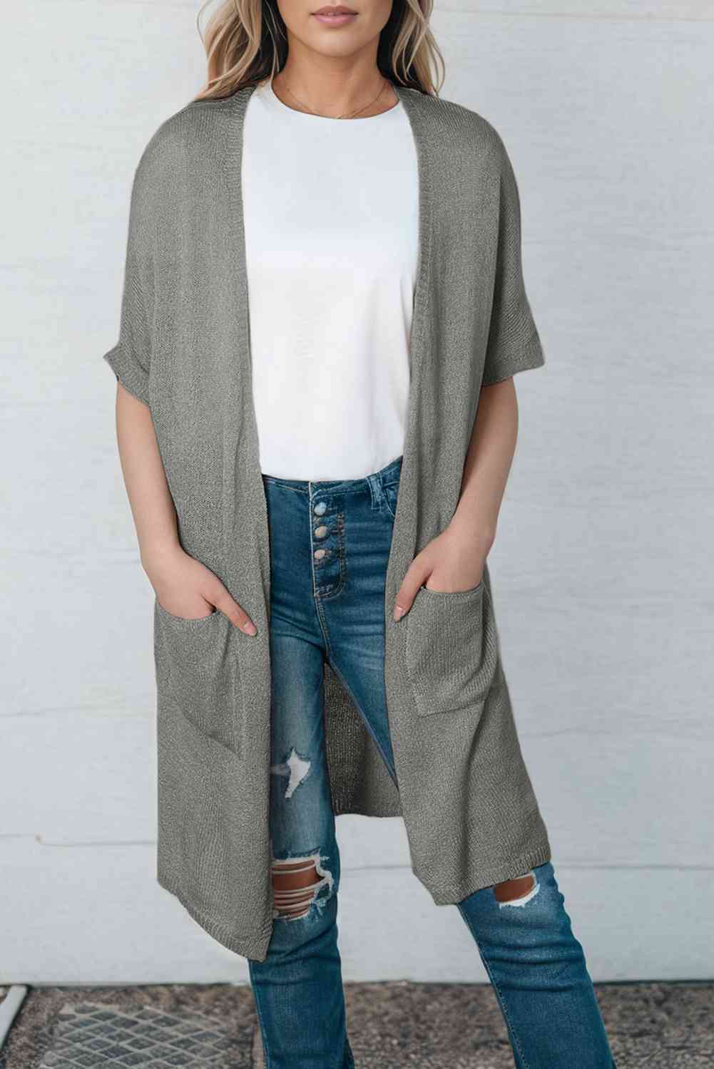 Open Front Sweater Cardigan with Pockets - TRENDMELO