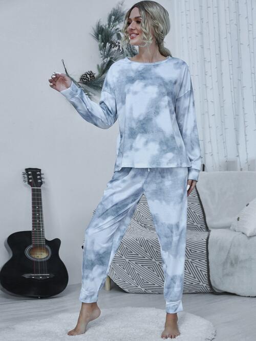 Tie-dye Round Neck Top and Drawstring Pants Lounge Set - TRENDMELO