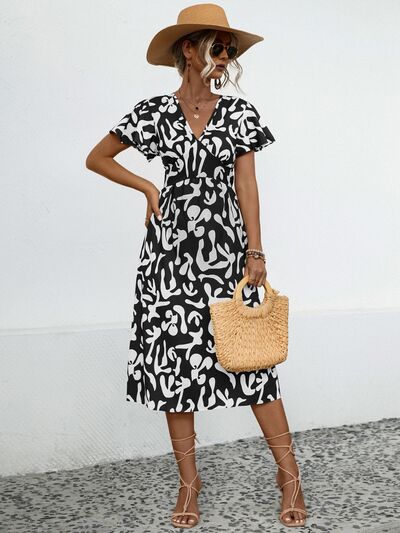 Printed V-Neck Short Sleeve Dress - TRENDMELO