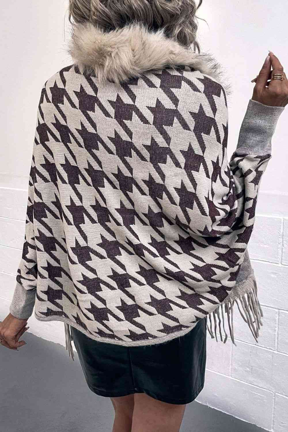 Houndstooth Fringe Hem Poncho - TRENDMELO