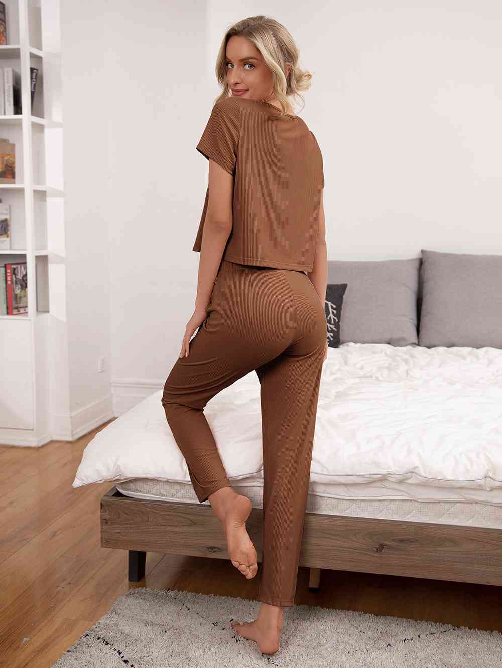 Round Neck Short Sleeve Top and Pants Lounge Set - TRENDMELO