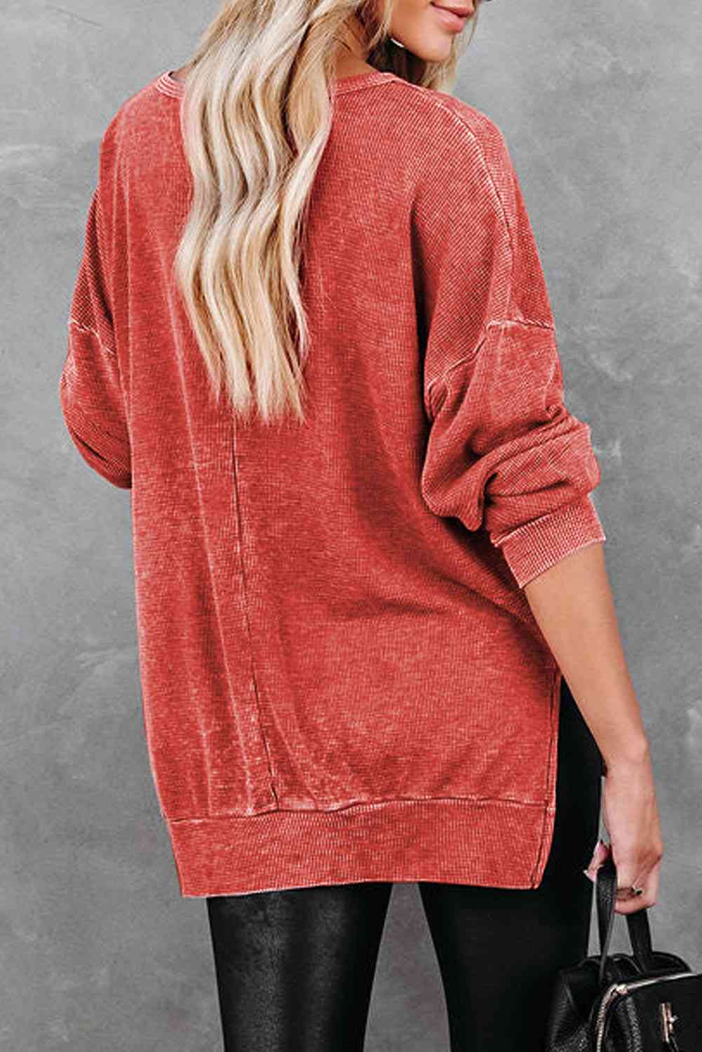 Waffle Knit Side Slit Drop Shoulder Sweatshirt - TRENDMELO