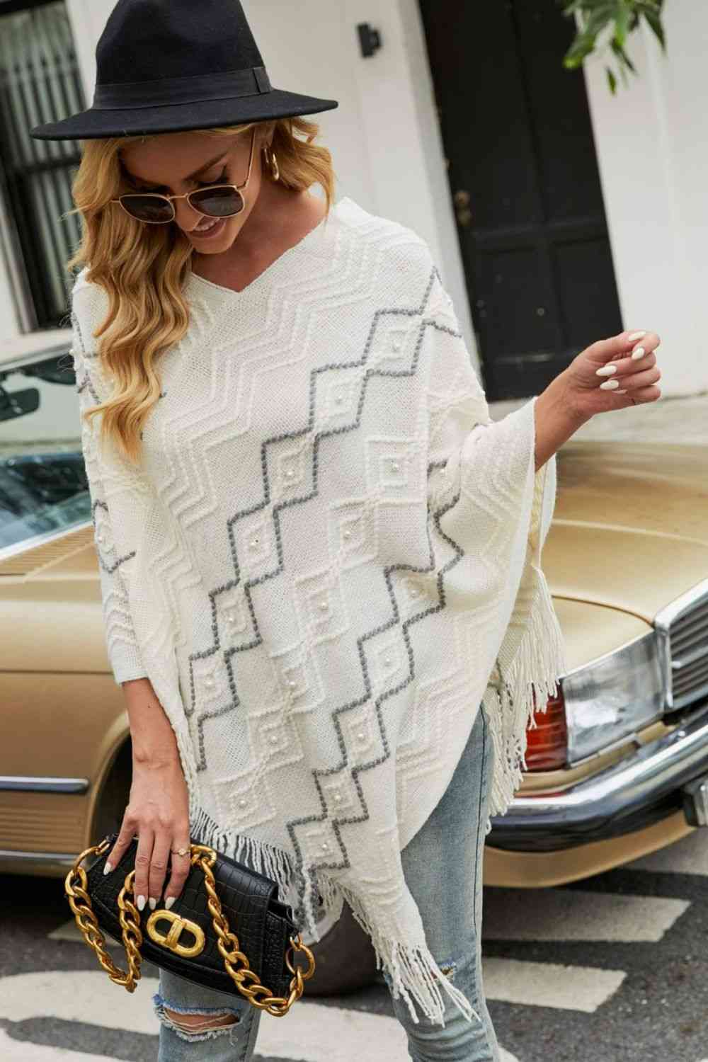 Pearl Trim V-Neck Fringe Hem Poncho - TRENDMELO