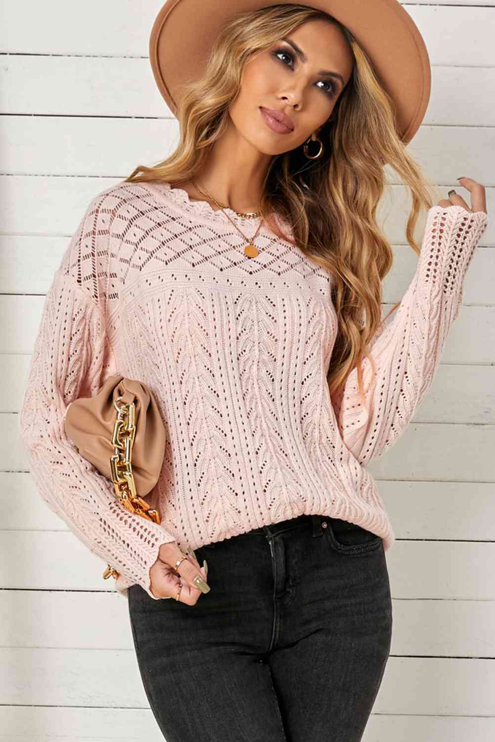 Openwork Scalloped Trim Knit Top - TRENDMELO