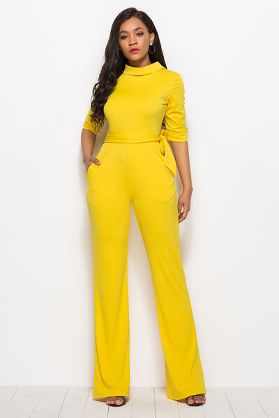 Mock Neck Tie-Waist Half Sleeve Jumpsuit - TRENDMELO