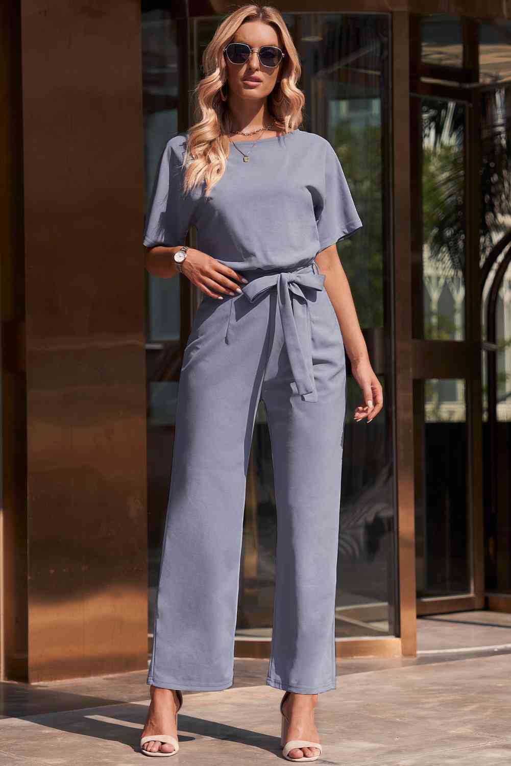 Full Size Tie Waist Straight Leg Jumpsuit - TRENDMELO