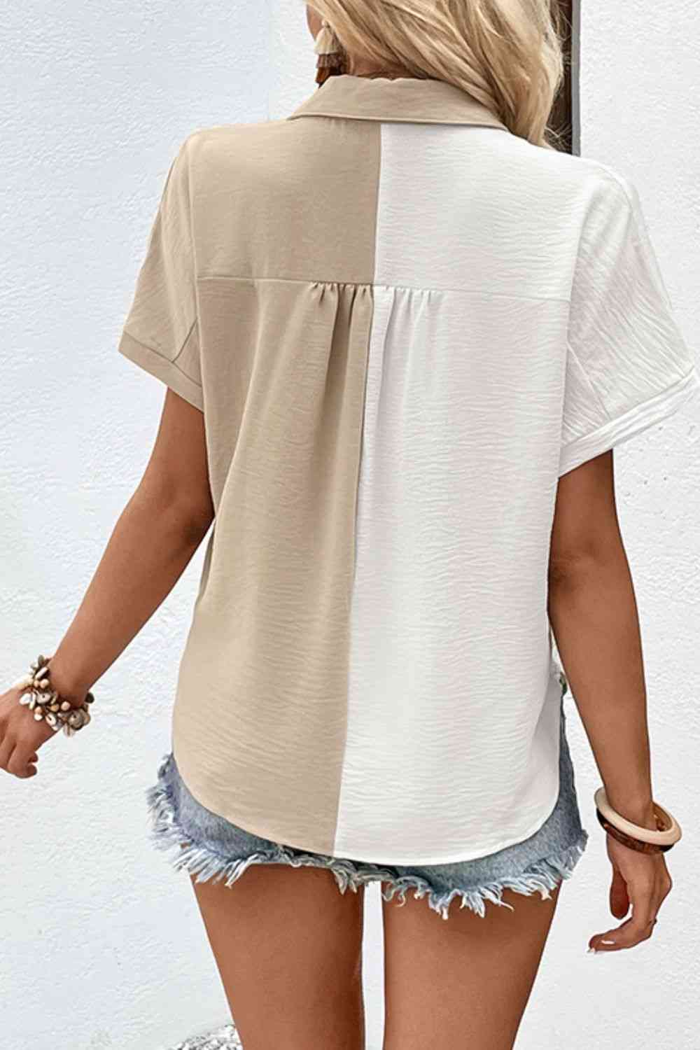 Two-Tone Contrast Short Sleeve Shirt - TRENDMELO