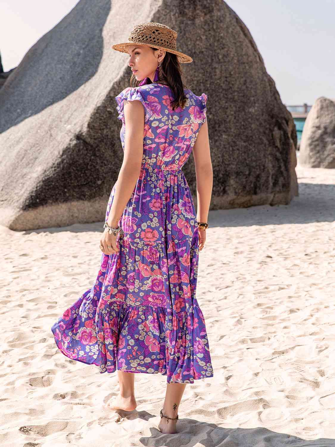 Printed V-Neck Midi Dress - TRENDMELO