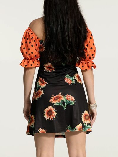 Ruched Polka Dot Flounce Sleeve Dress - TRENDMELO