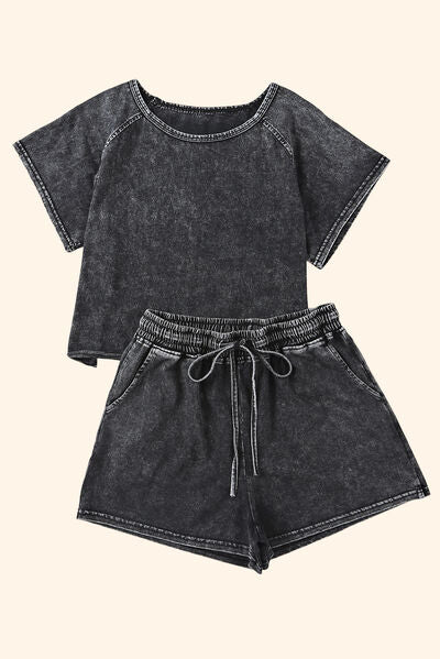 Heathered Round Neck Top and Shorts Lounge Set - TRENDMELO