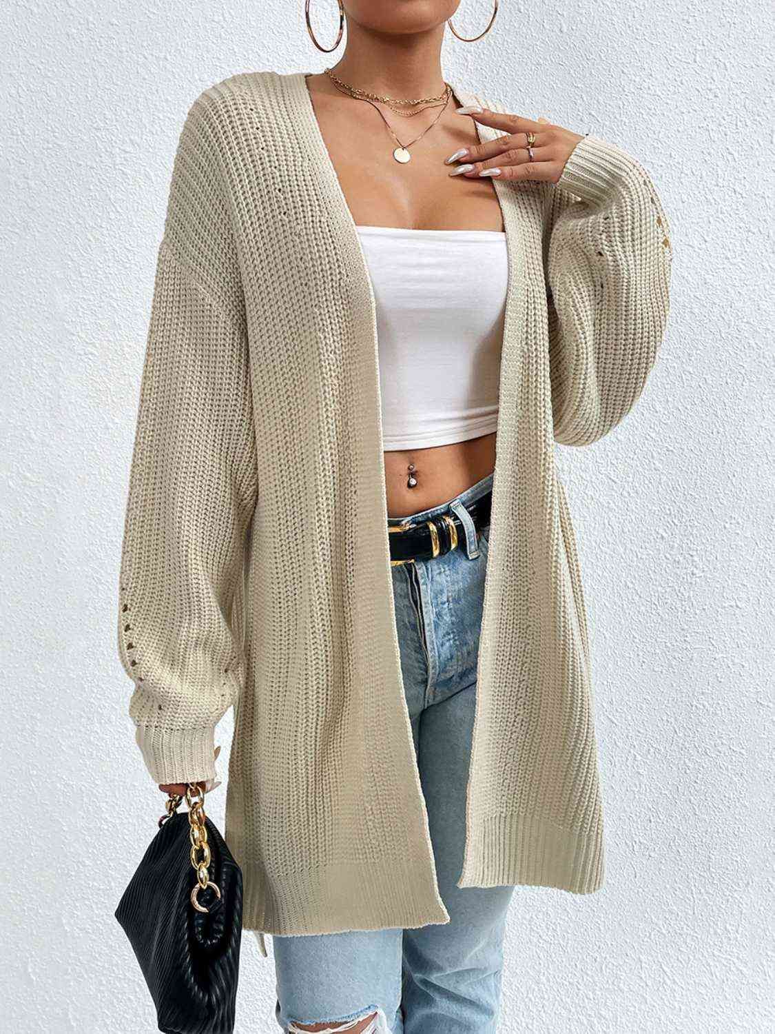 Open Front Dropped Shoulder Slit Cardigan - TRENDMELO