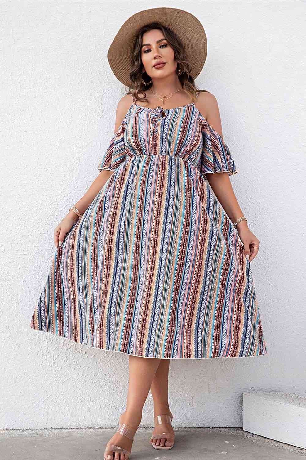 Plus Size Striped Cold-Shoulder Dress - TRENDMELO