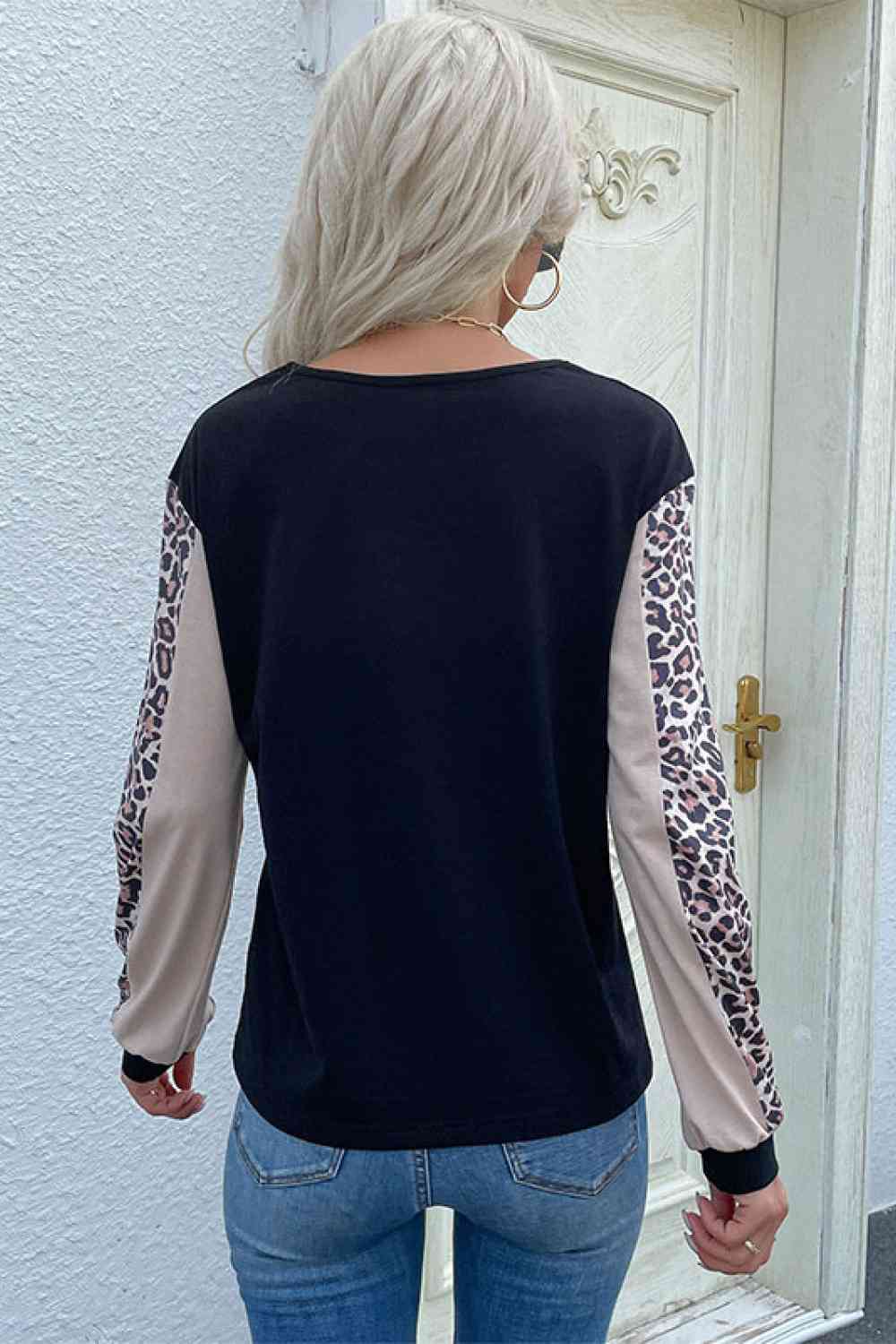 Leopard Color Block Long Sleeve Sweatshirt - TRENDMELO