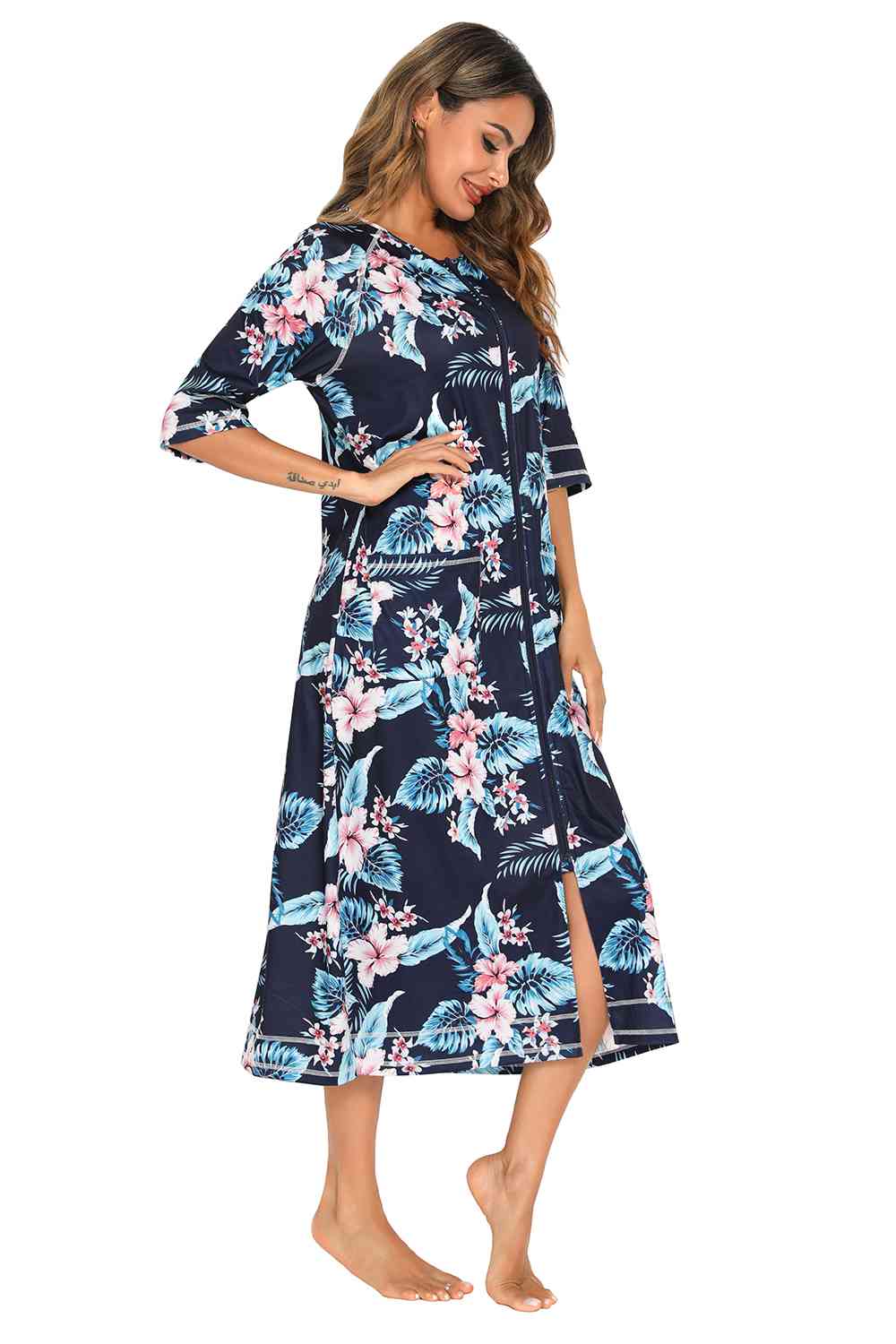 Printed Slit Night Dress with Pockets - TRENDMELO