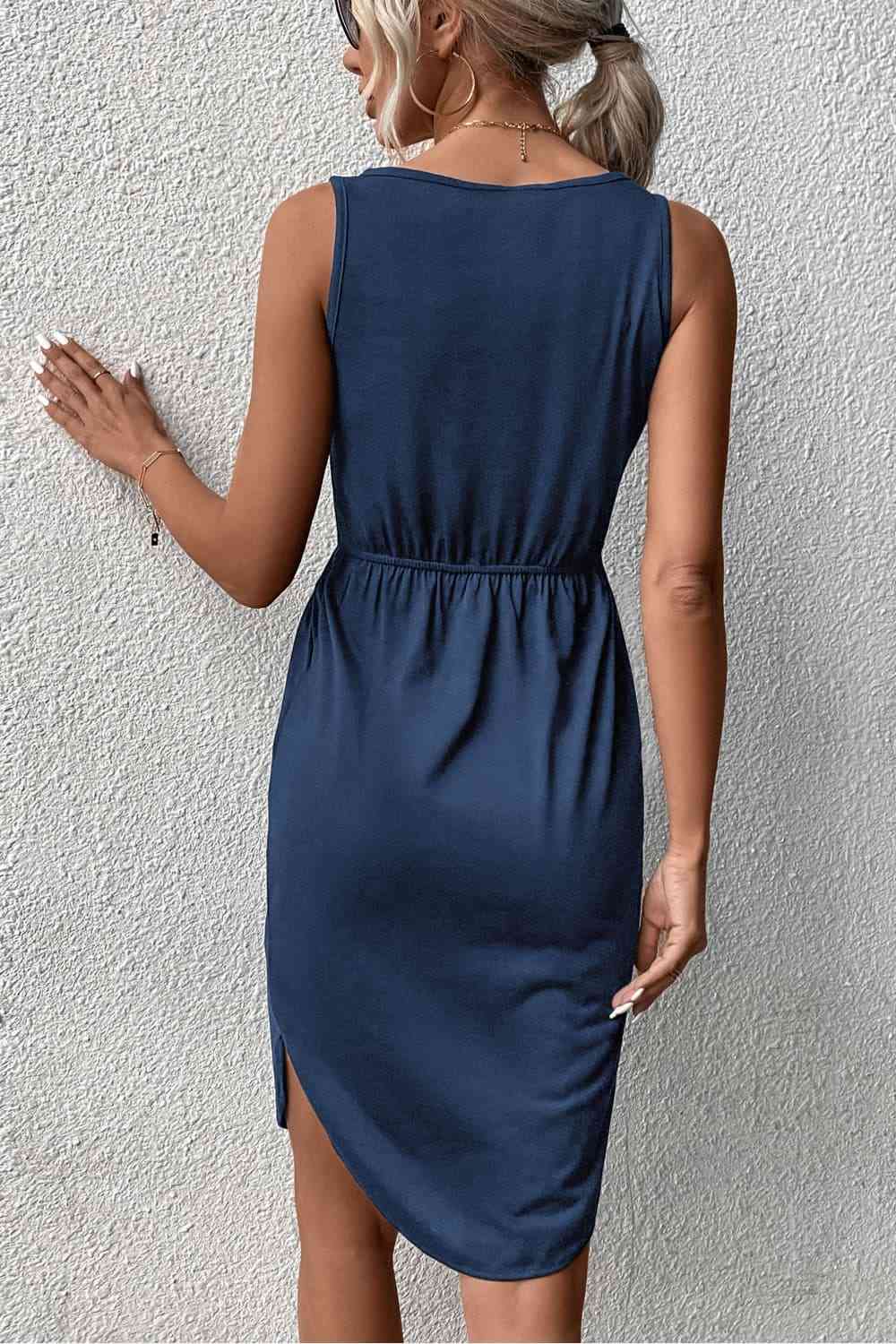 V-Neck Curved Hem Sleeveless Dress - TRENDMELO