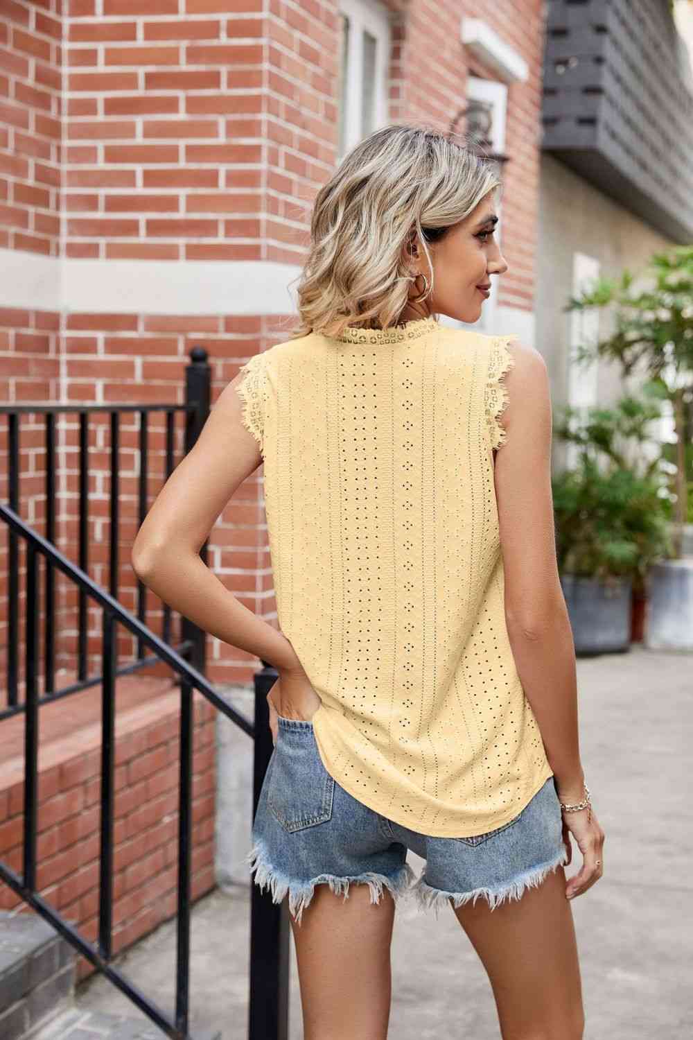 Eyelet Lace Trim Eyelash V-Neck Tank - TRENDMELO