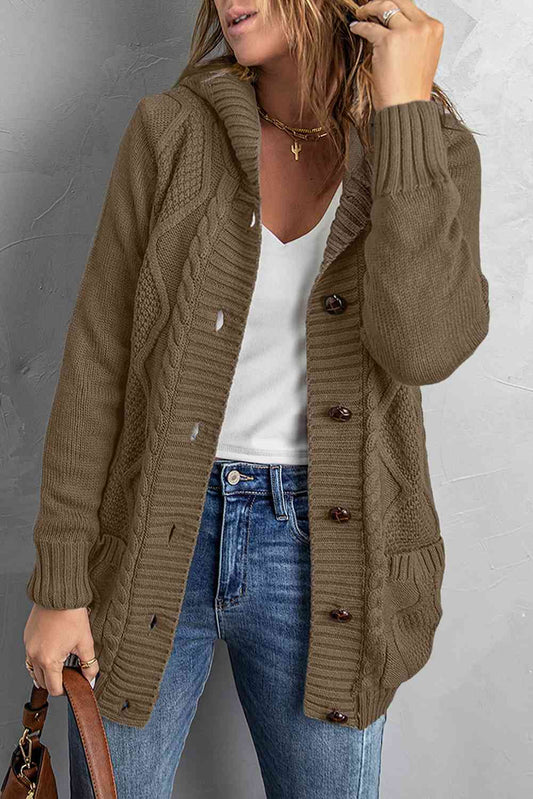 Button Front Hooded Cardigan with Pockets - TRENDMELO